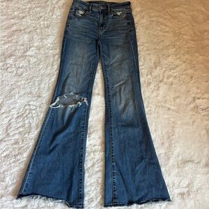 American Eagle Outfitters Blue Distressed Wide Leg Flare Jeans